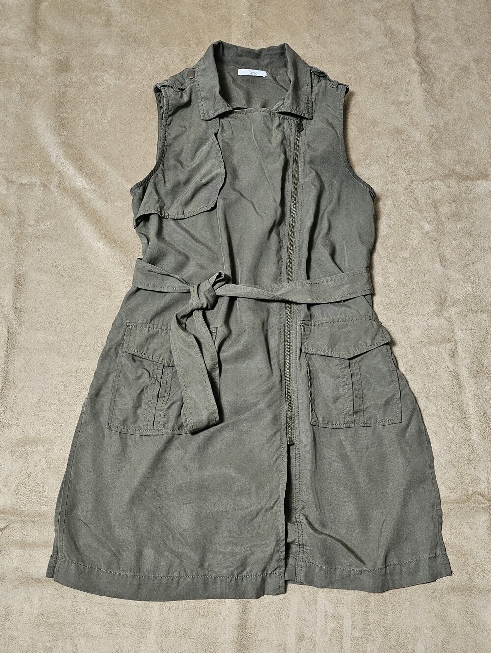 Dex 100% Tencel Sleeveless Utility Belted Dress in Olive Green
